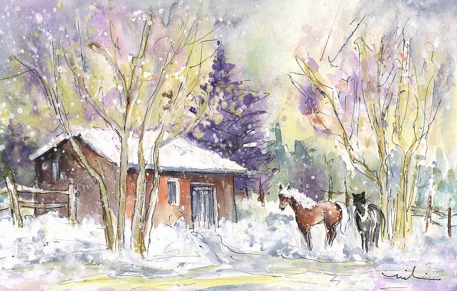 Horses In Voerstetten In Winter Painting by Miki De Goodaboom