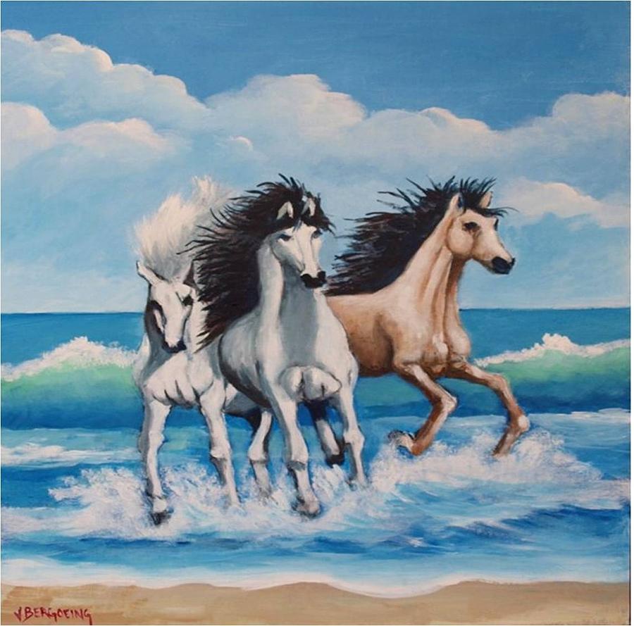 Horses on a beach Painting by Jean Pierre Bergoeing