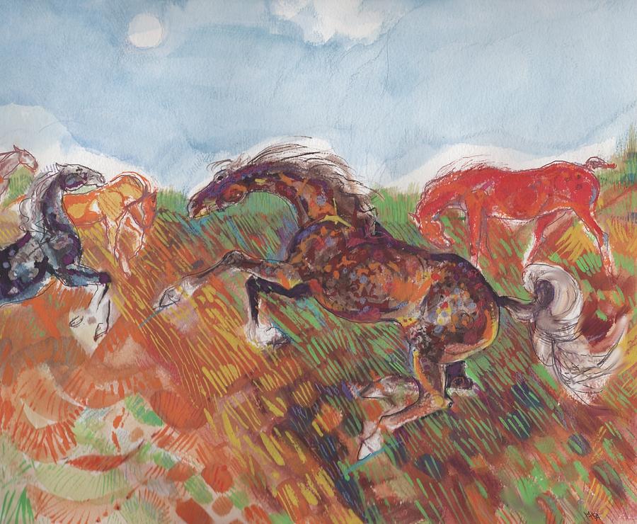 Horses run wild Painting by Mary Armstrong