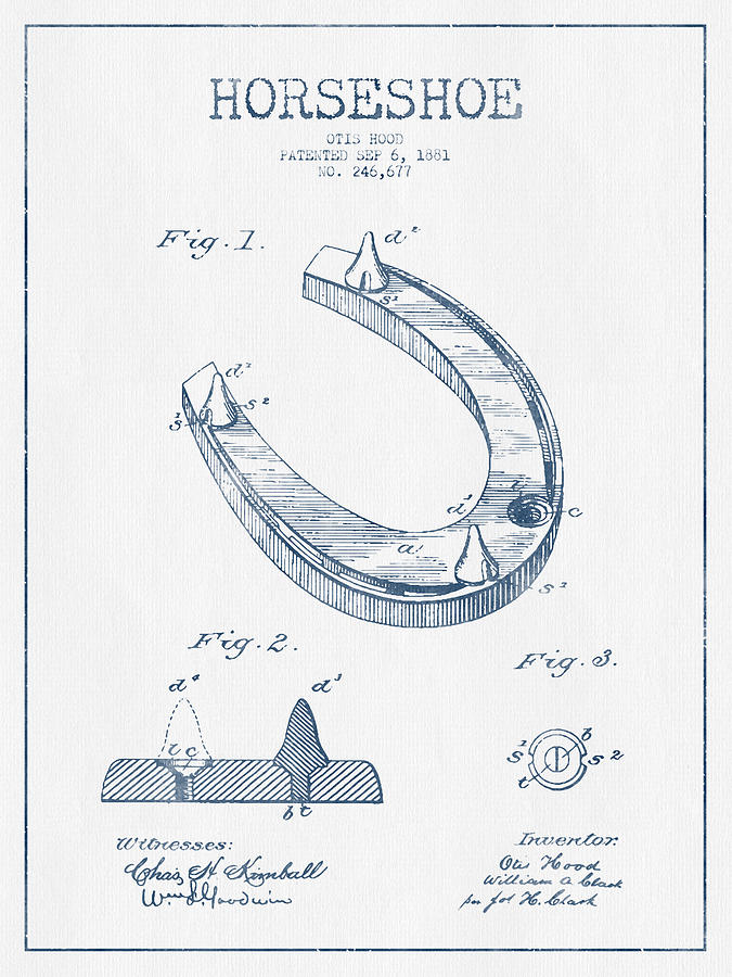 Horse Digital Art - Horseshoe Patent Drawing from 1881- Blue Ink by Aged Pixel