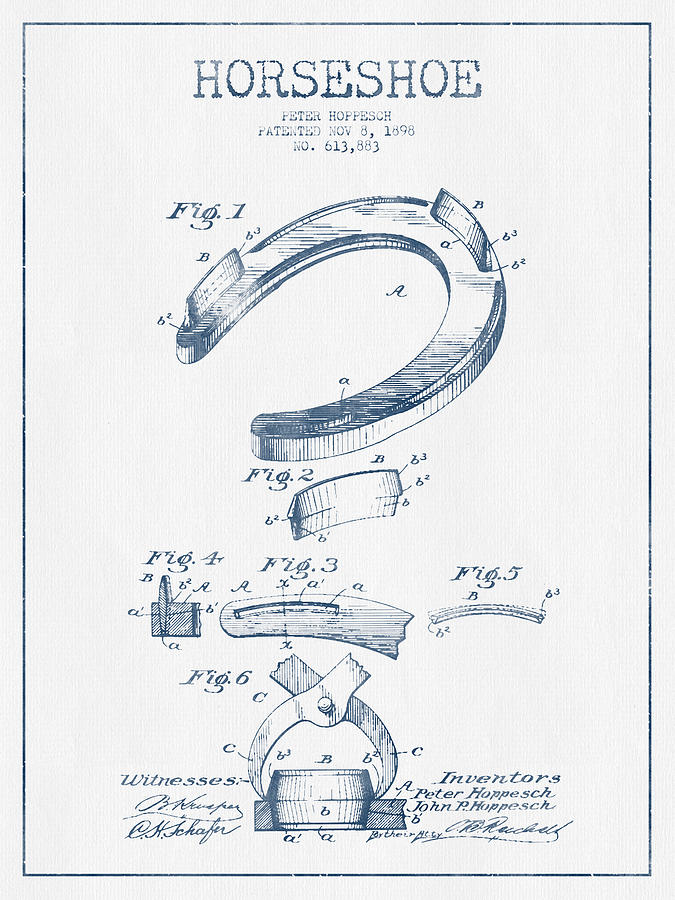 Horse Digital Art - Horseshoe Patent Drawing from 1898- Blue Ink by Aged Pixel