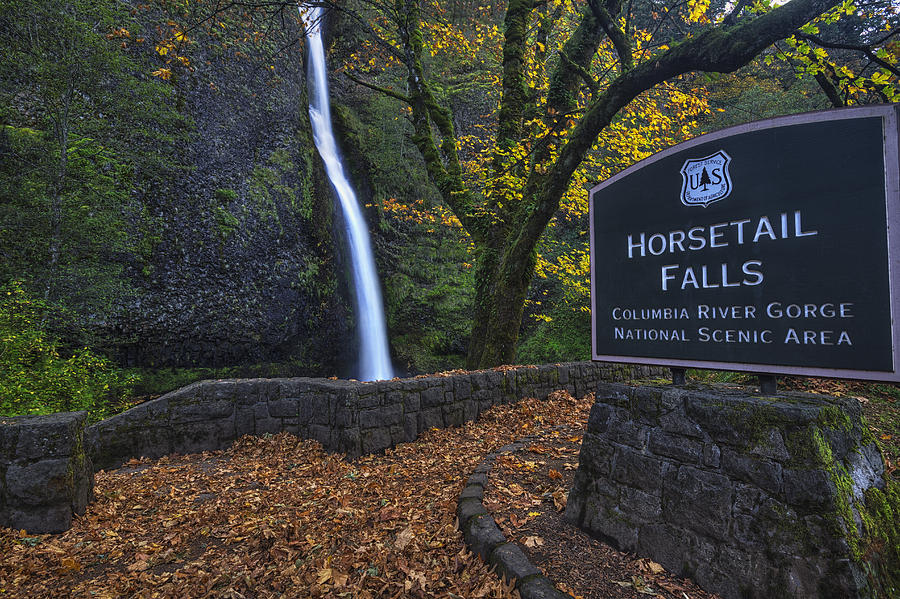 Horsetail Falls with Sign Photograph by Mark Kiver