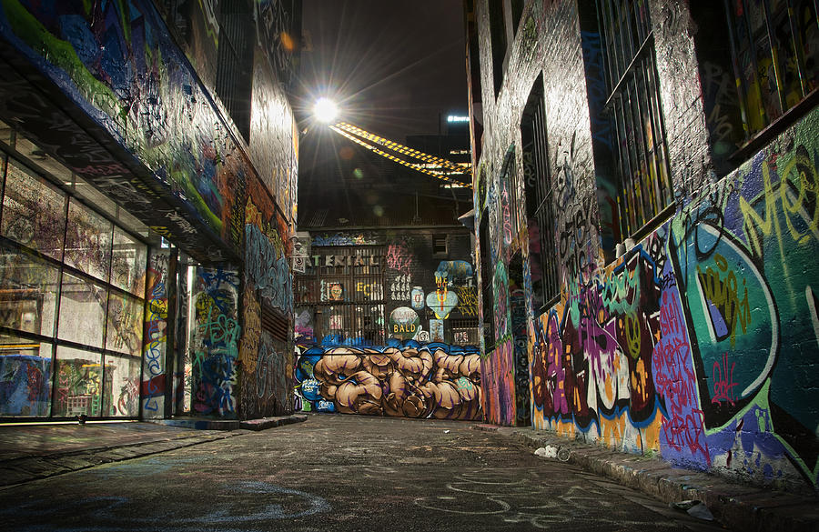 Hosier Lane Graffiti at Night Photograph by Carolyn Hebbard