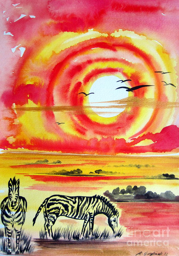 Hot African Sun and Zebras Painting by Roberto Gagliardi