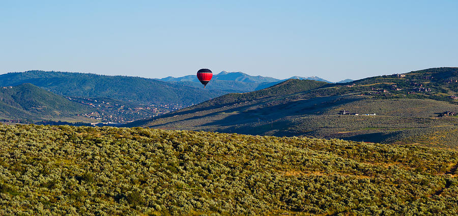 Nature Photograph - Hot Air Balloon Flying In A Valley by Panoramic Images