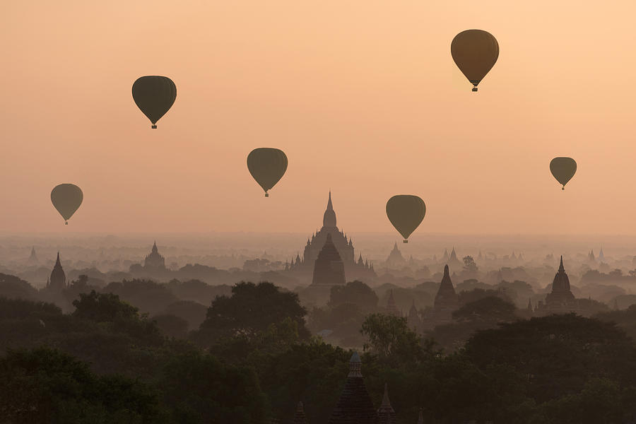 Hot air balloon over Bagan temples Photograph by Sarawut