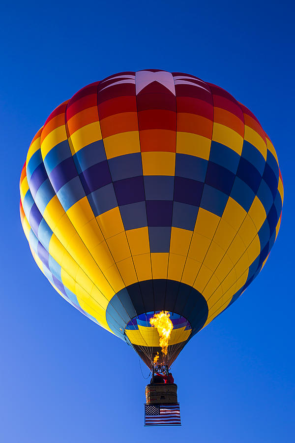 Up Movie Photograph - Hot Air Balloon With American Flag by Garry Gay