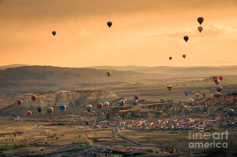 Summer Photograph - Hot air balloons flying over Cappadocia city by Natapong Paopijit