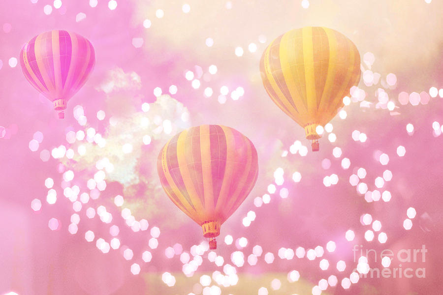 Hot Air Balloons Surreal Dreamy Baby Pink Yellow Hot Air Balloon Art - Child Baby Nursery Room Art Photograph by Kathy Fornal