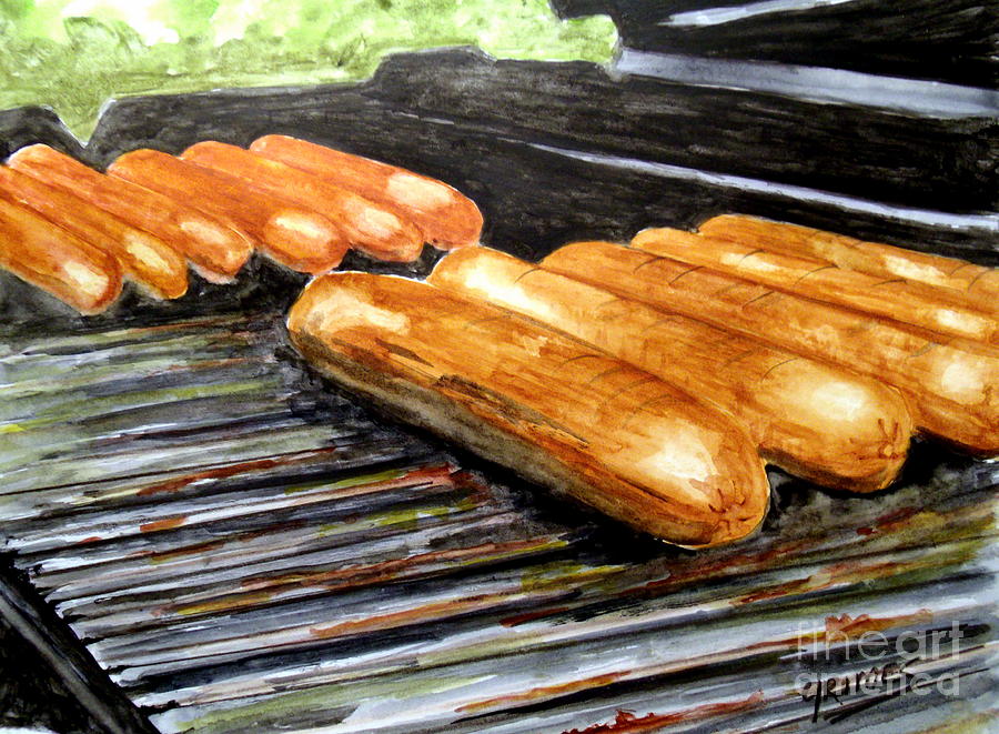 Hot Dogs on the Grill Painting by Carol Grimes