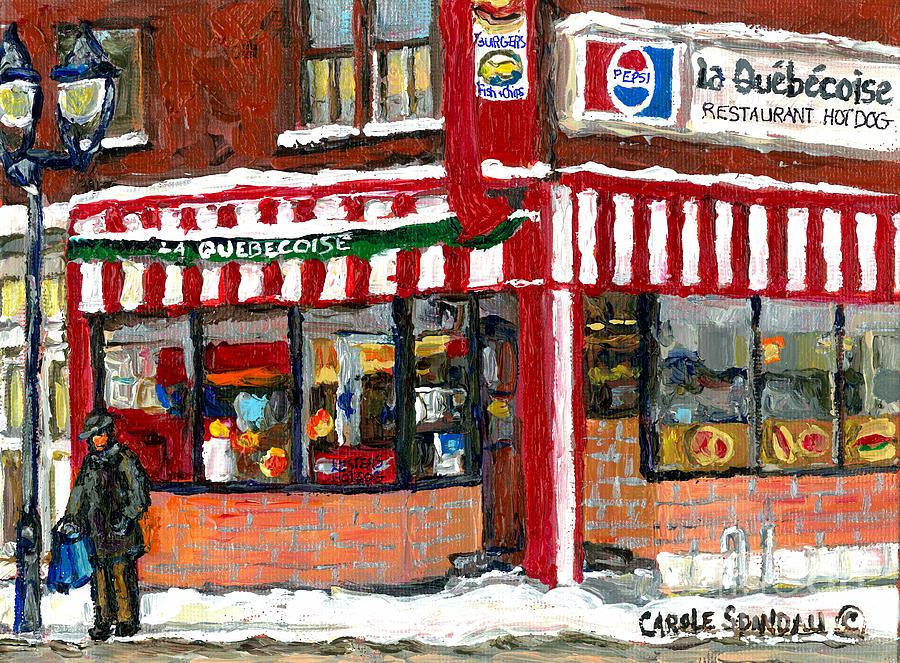 Hot Food On A Cold Day Quebec Restaurant Winter Scene Paintings Waiting For The Bus Montreal Art  Painting by Carole Spandau