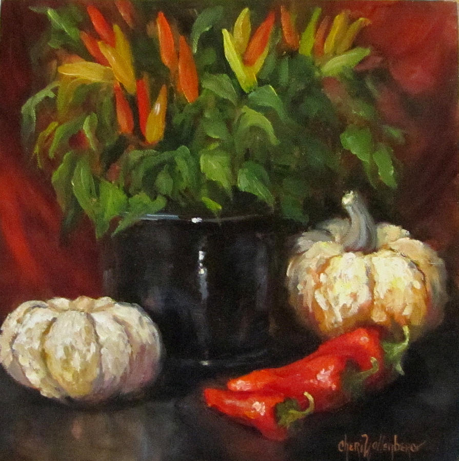 Hot Peppers and Gourds Painting by Cheri Wollenberg