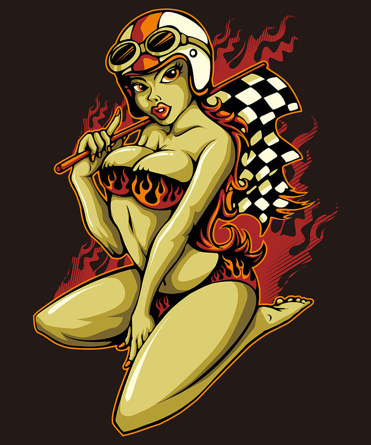 Girl Digital Art - Hot Pin-Up Girl with Racing Flag by Fatline