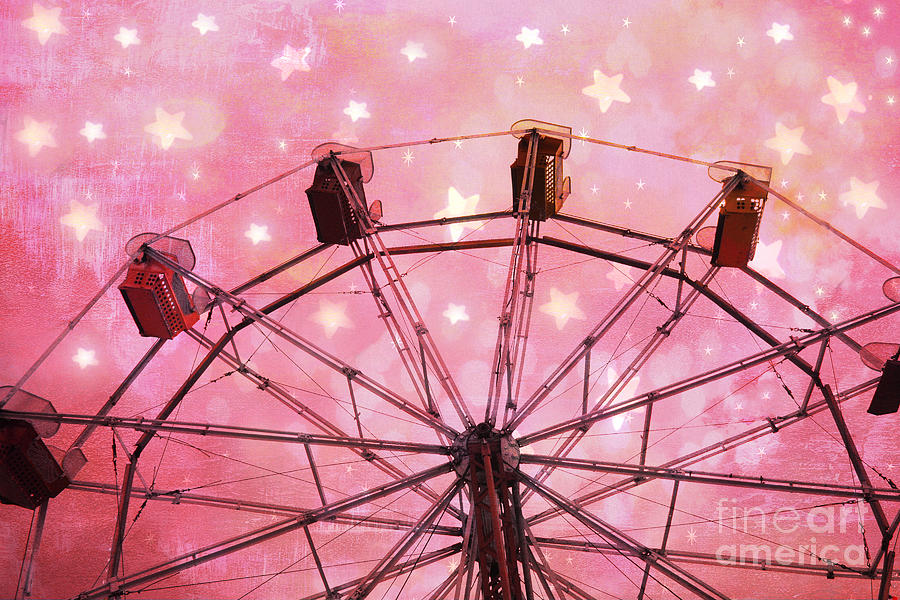Hot Pink Ferris Wheel With Stars -  Fantasy Carnival Ride - Pink Ferris Wheel With White Stars  Photograph by Kathy Fornal