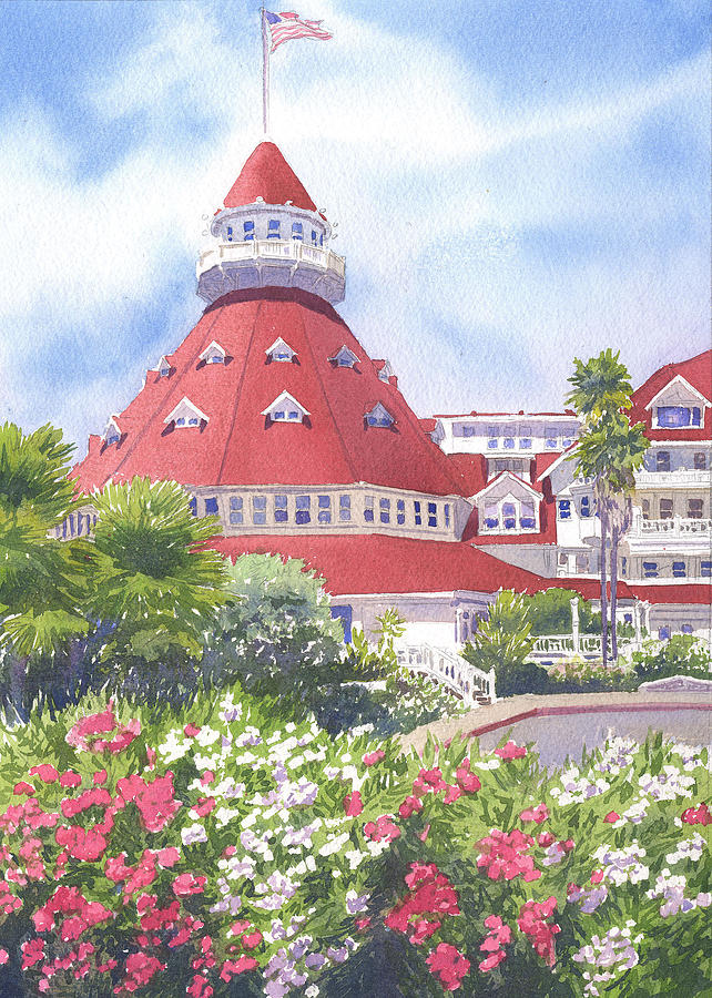 Hotel Del Coronado Palm Trees Painting by Mary Helmreich