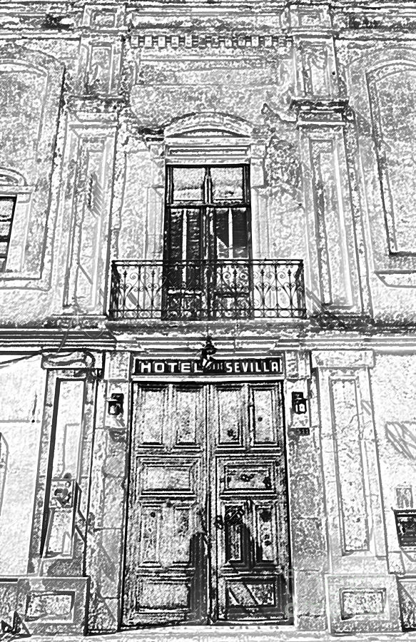 Hotel Sevilla Entance Merida Yucatan Mexico Black and White Colored Pencil Digital Art Photograph by Shawn OBrien