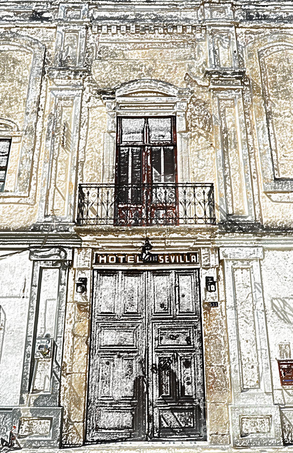 Hotel Sevilla Entance Merida Yucatan Mexico Colored Pencil Digital Art Digital Art by Shawn OBrien