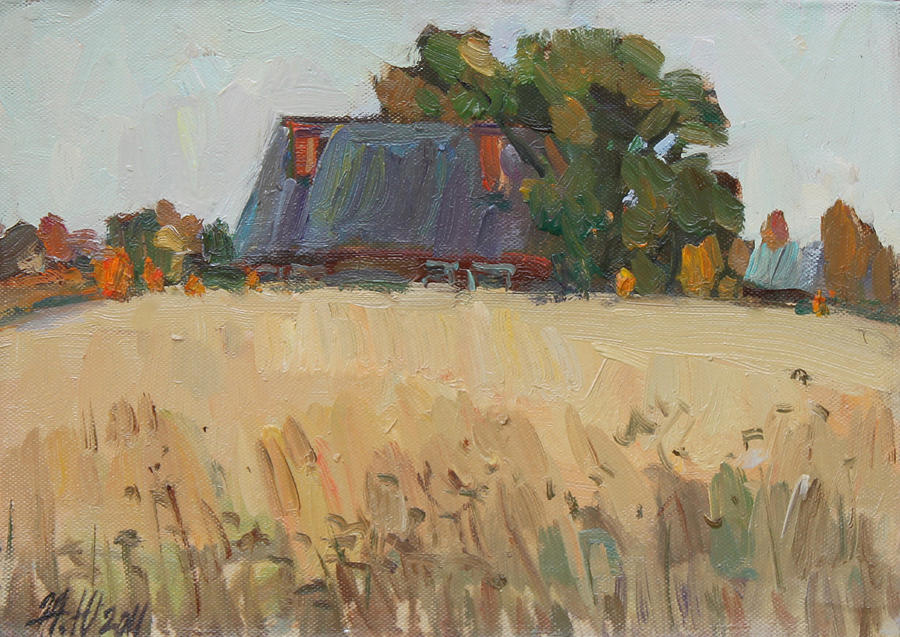 House and field Painting by Juliya Zhukova