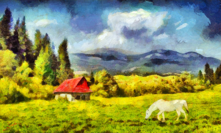 House and horse Painting by George Rossidis