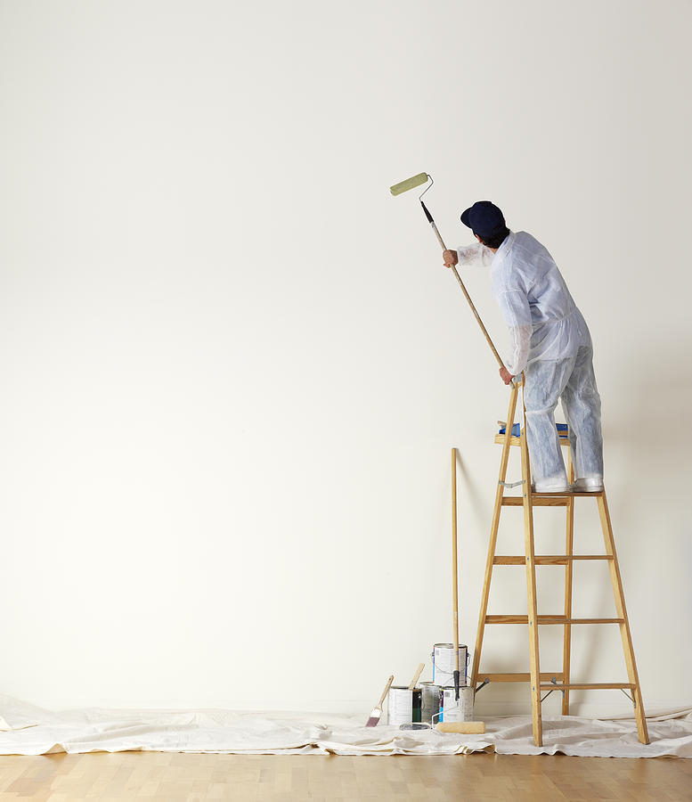 House painter standing on ladder painting a large wall Photograph by Dny59