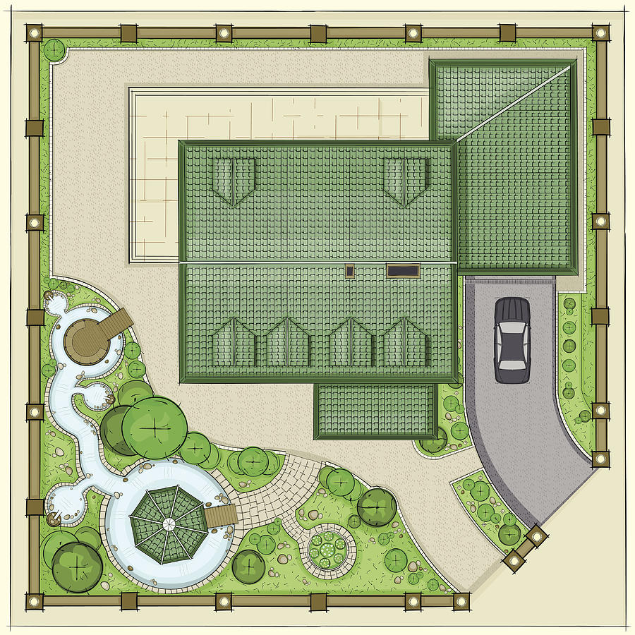 House plan with a beautiful garden, ponds and backyard Drawing by Chuvipro