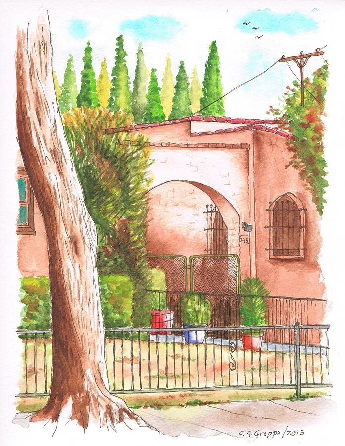 House with arch and tree in West Hollywood - California Painting by Carlos G Groppa