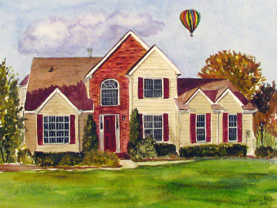 House with Hot air ballon Painting by Clara Sue Beym