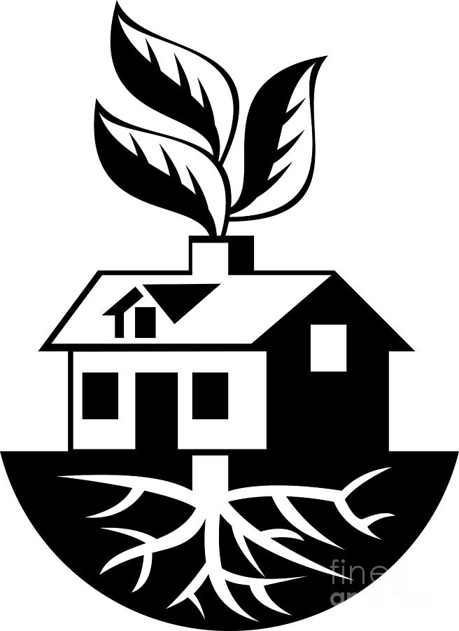 Black And White Digital Art - House With Roots and Leaves Sprout  by Aloysius Patrimonio
