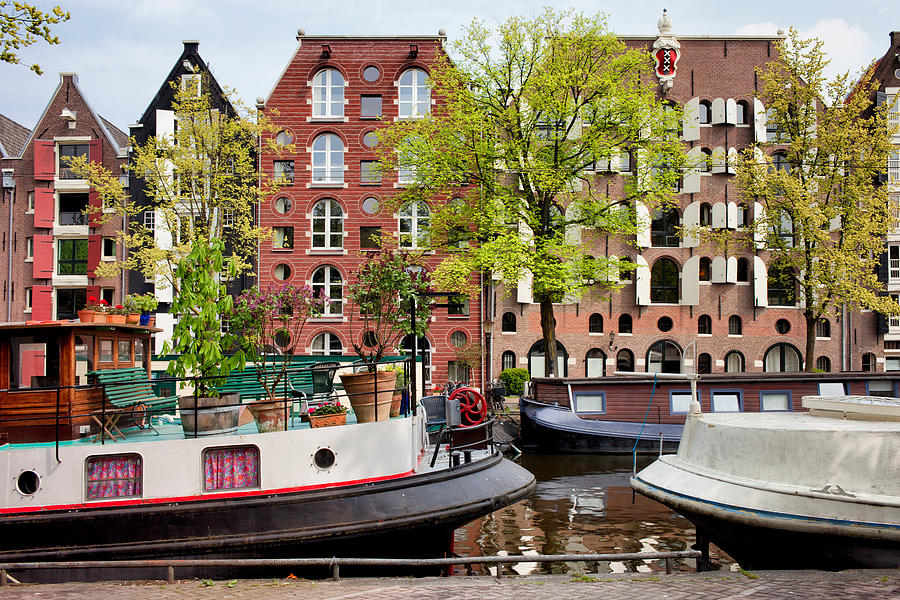 Boat Photograph - Houseboats and Houses on Brouwersgracht Canal in Amsterdam by Artur Bogacki