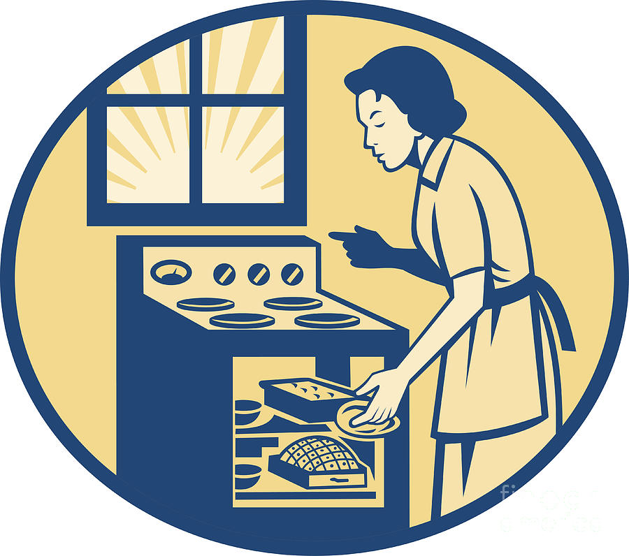 Housewife Baker Baking In Oven Stove Retro Digital Art