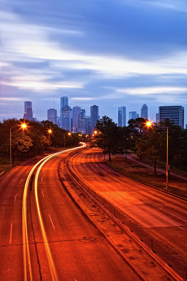 Houston, Highway By Night And Skyline Photograph by Moreiso