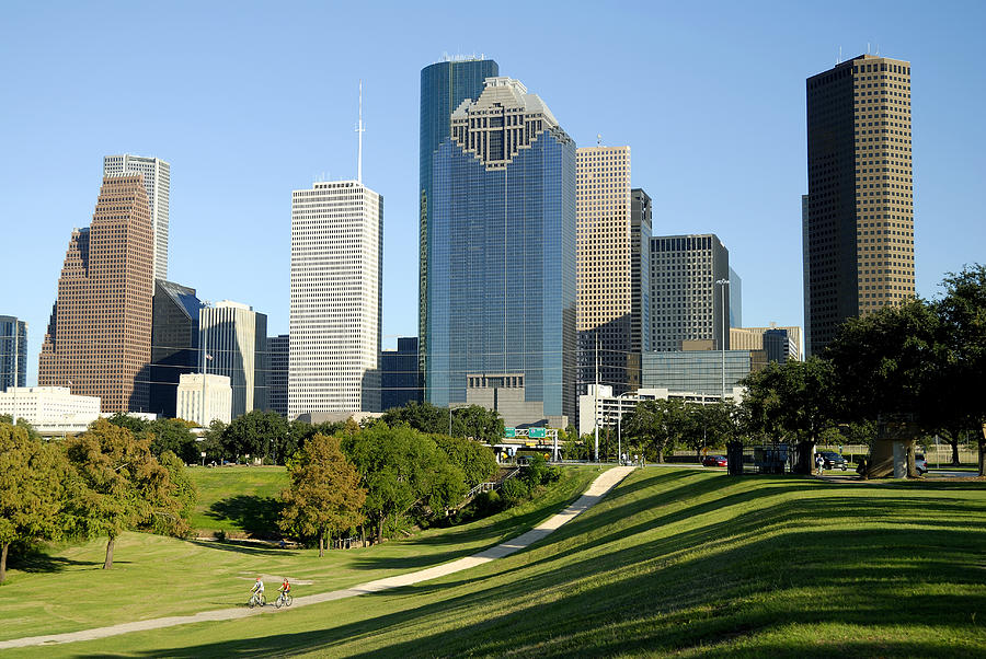 Houston, Texas Skyline Across Park with Cyclists Photograph by Zview