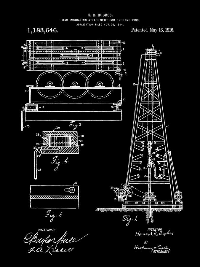 Howard Hughes Drilling Rig Patent 1914 - Black Digital Art by Stephen Younts