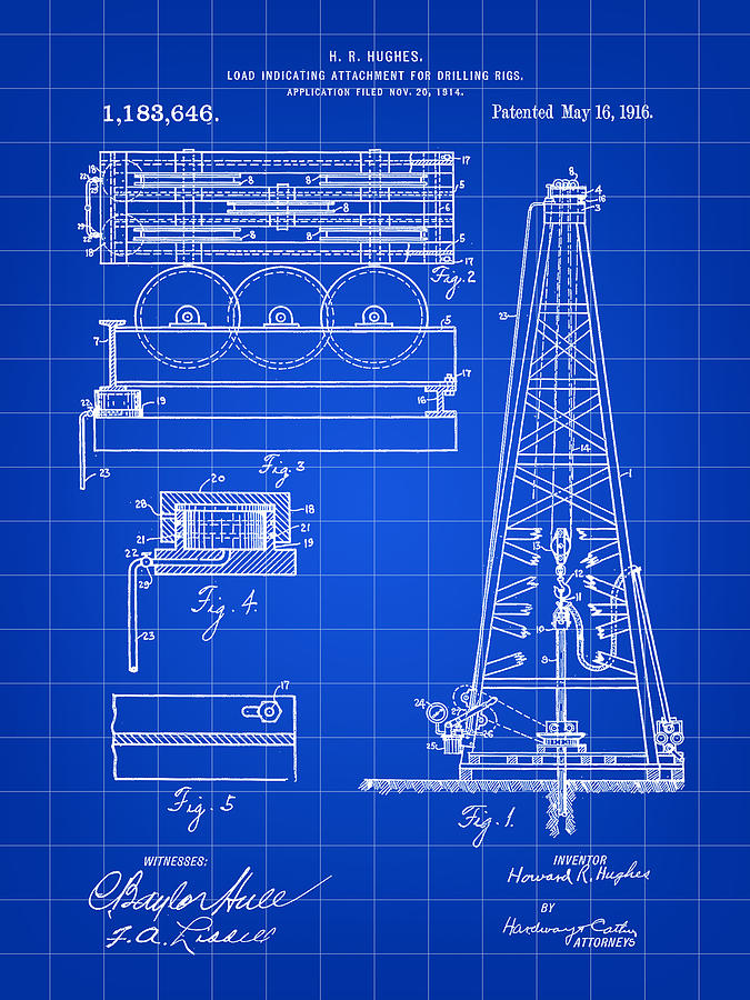 Howard Hughes Drilling Rig Patent 1914 - Blue Digital Art by Stephen Younts