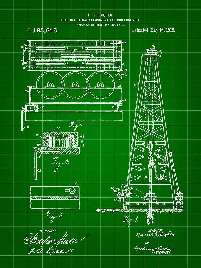 Howard Hughes Drilling Rig Patent 1914 - Green Digital Art by Stephen Younts