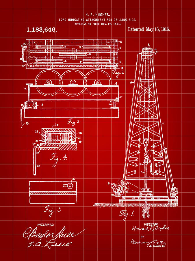 Howard Hughes Drilling Rig Patent 1914 - Red Digital Art by Stephen Younts