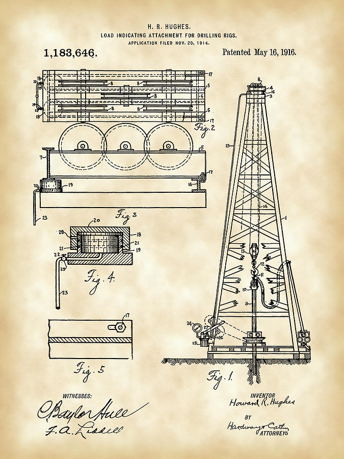 Howard Hughes Drilling Rig Patent 1914 - Vintage Digital Art by Stephen Younts