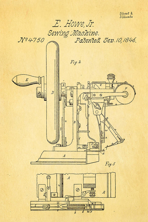 Vintage Photograph - Howe Sewing Machine Patent Art 1846  by Ian Monk