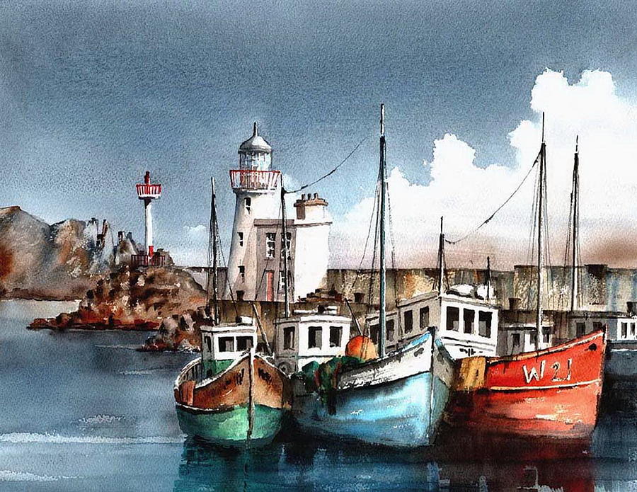 Lighthouse Painting - Howth Trawlers by Val Byrne