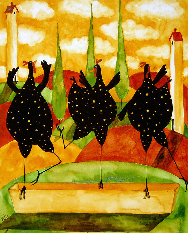 Chicken Painting - Hubbs Art Folk Prints Country Farm Funny Fowls Chickens Chicken Hen Ballet  by Debi Hubbs