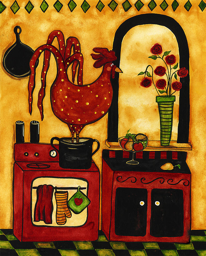 Chicken Painting - Reds In Hot Water by Debi Hubbs