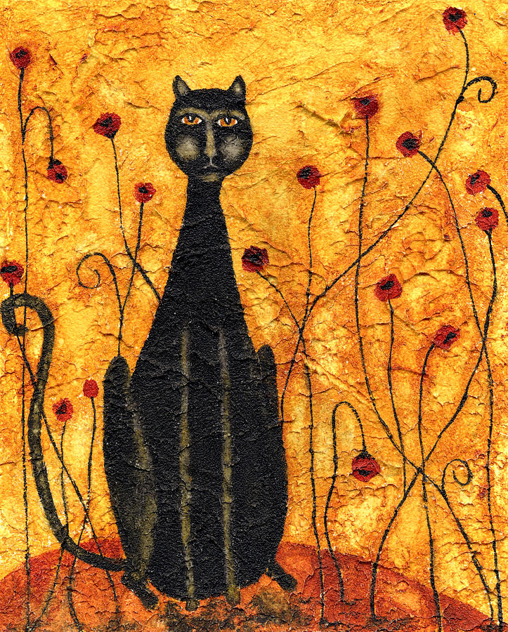 Cat Painting - Hubbs Art Folk Prints Whimsical Animals Pets Black Cat Red Flowers Floral Poppy by Debi Hubbs