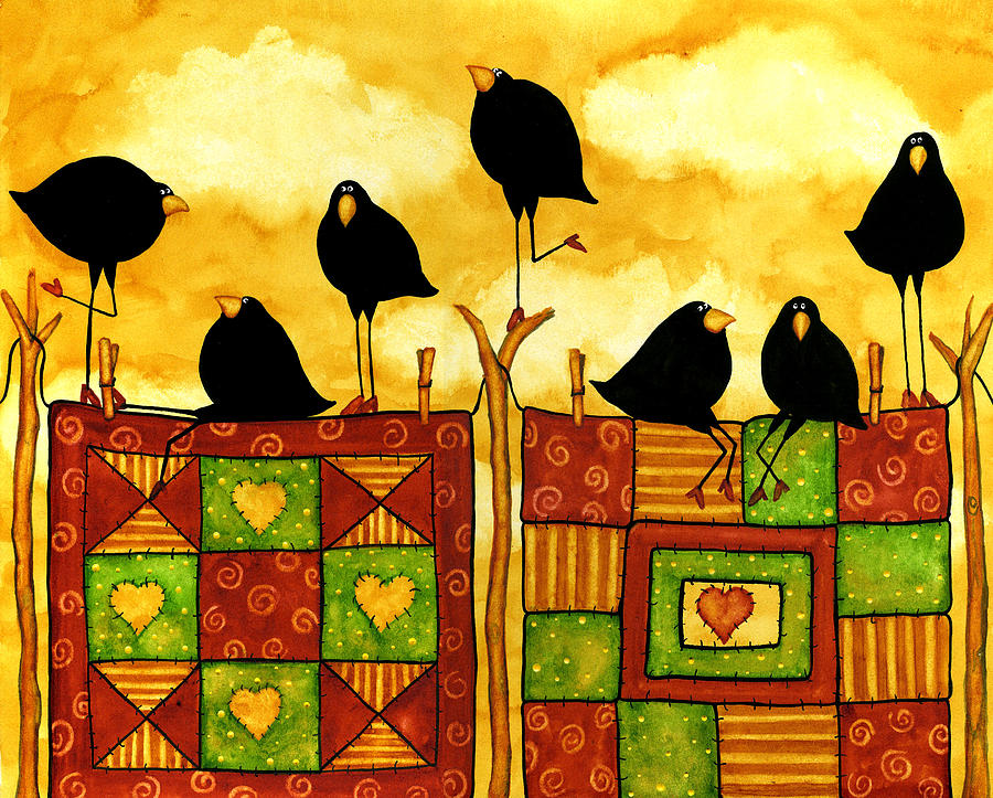 Crow Painting - Hubbs Art Folk Prints Whimsical Crow Blackbirds Quilts Quilt Quilters Birds by Debi Hubbs