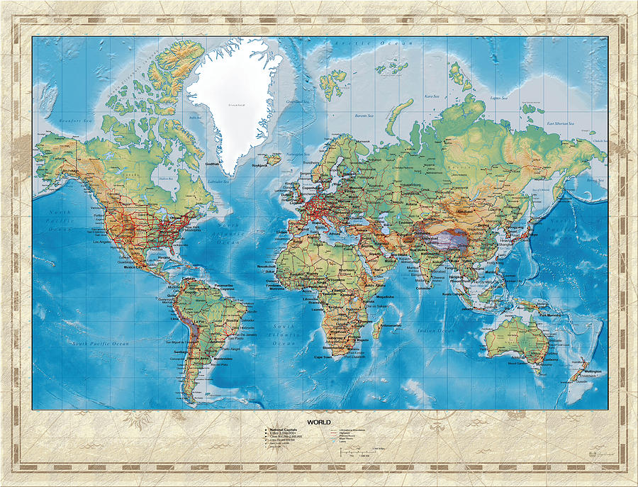 Huge Hi Res Mercator Projection Physical And Political Relief World Map Digital Art By Serge