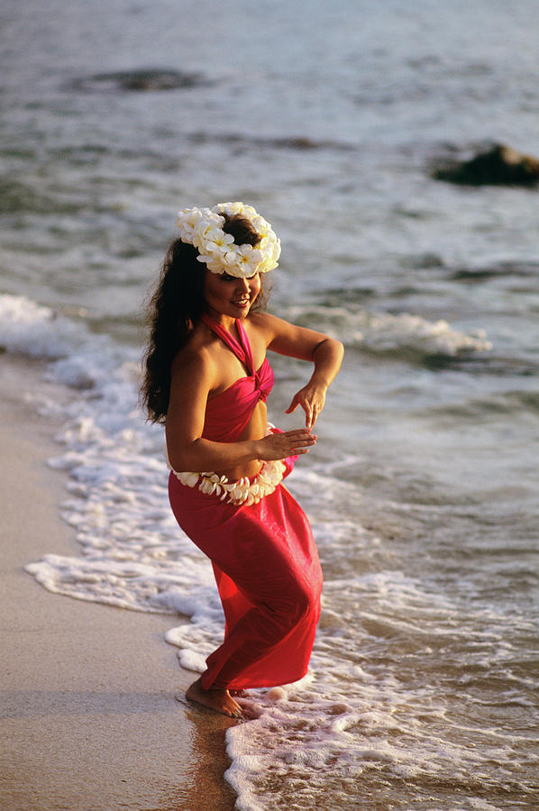 Beach Photograph - Hula Dancer Hawaii At Waters Edge Surf by Vintage Images