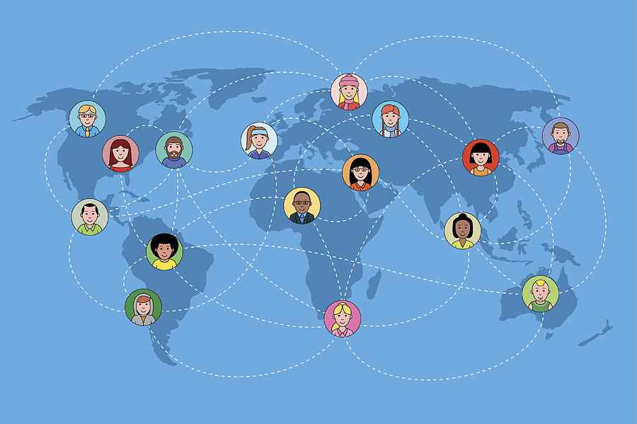 Human faces on a world map network. Social media concept. Photograph by Dimitris66