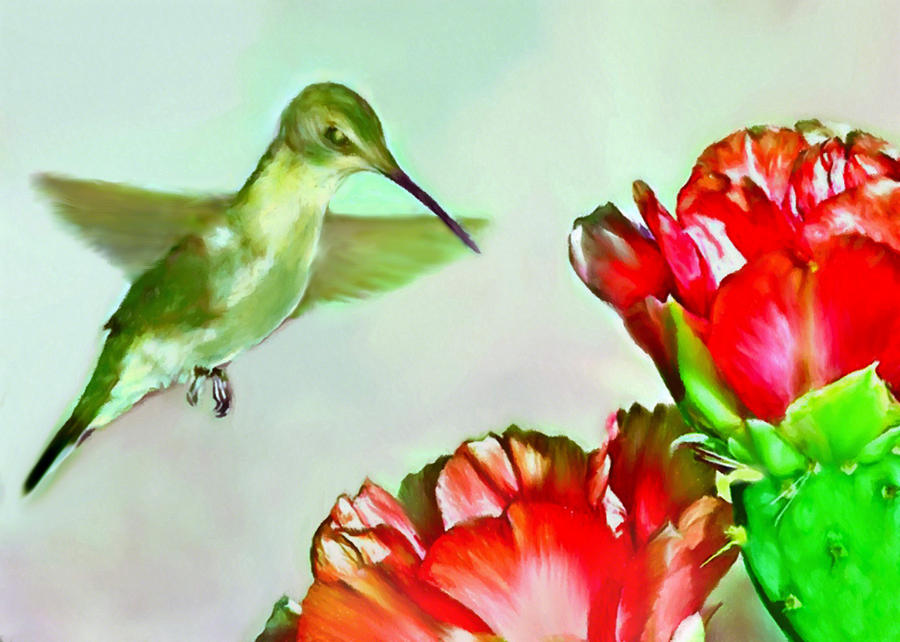 Feather Painting - Humming Bird and Cactus Flowers by Bob and Nadine Johnston