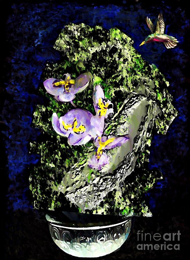 Humming Bird and Purple Flowers Digital Art by Sarah Loft