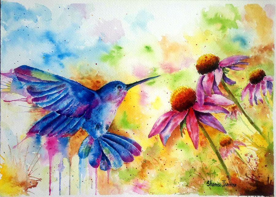 Flowers Still Life Painting - Humming bird by Shamsi Jasmine