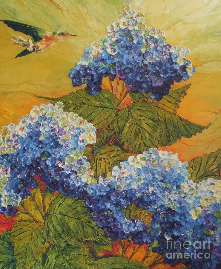 Hummingbird and Blue Hydrangea Painting by Paris Wyatt Llanso